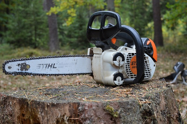 Chainsaw placed on top of a log